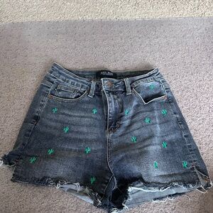 Judy Blue Dark Denim Shorts with Green Cactus Design